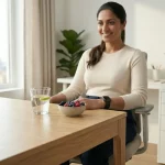Person wearing a continuous glucose monitor wearable for preventative metabolic health tracking