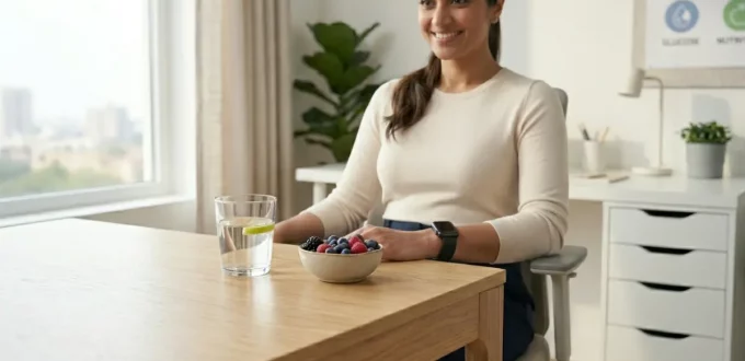 Person wearing a continuous glucose monitor wearable for preventative metabolic health tracking
