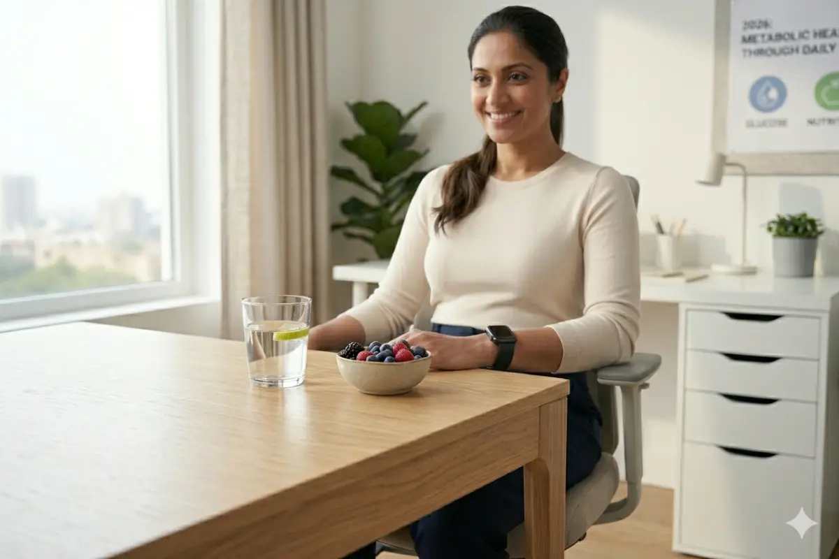Person wearing a continuous glucose monitor wearable for preventative metabolic health tracking.