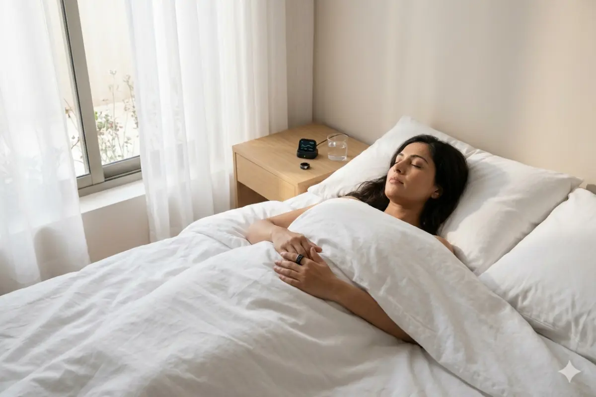 Person sleeping peacefully with HRV monitor showing sleep quality data for metabolic recovery.