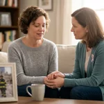 A candid photo of a caregiver holding a woman's hand on a sofa, with a softly blurred framed photo of a Ground Zero first responder in the background.