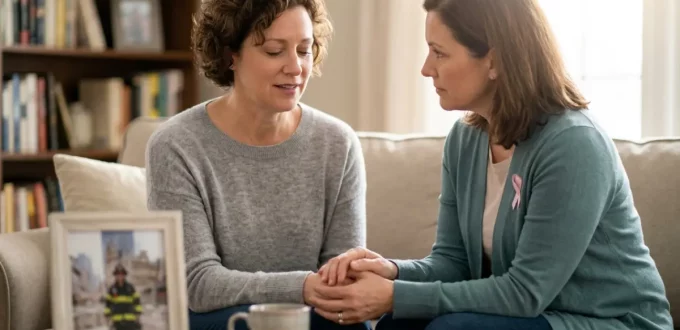 A candid photo of a caregiver holding a woman's hand on a sofa, with a softly blurred framed photo of a Ground Zero first responder in the background.