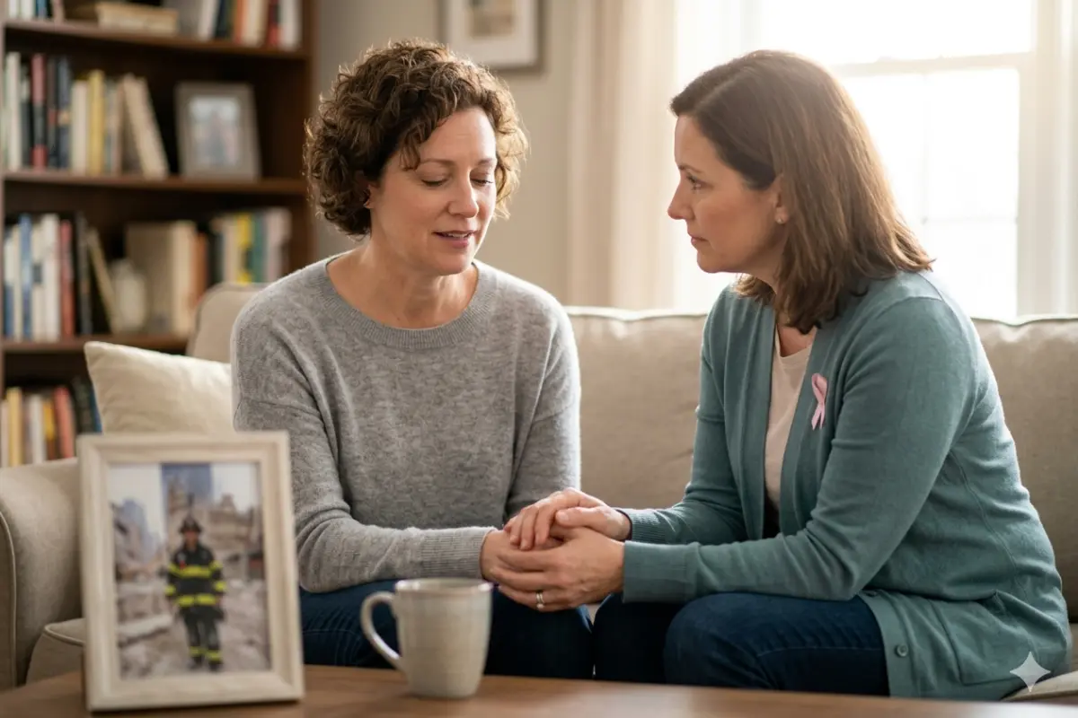 A candid photo of a caregiver holding a woman's hand on a sofa, with a softly blurred framed photo of a Ground Zero first responder in the background.