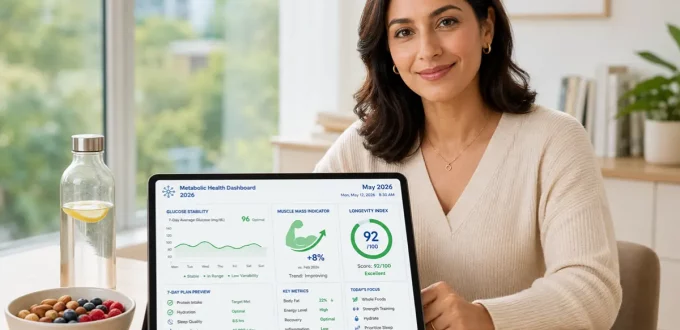 A professional woman reviews a 2026 personalized metabolic health dashboard on a tablet, symbolizing sustainable weight loss and cellular vitality.