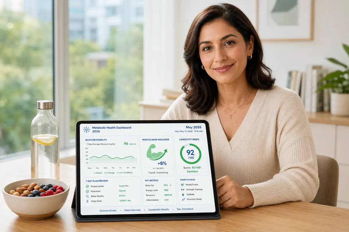 A professional woman reviews a 2026 personalized metabolic health dashboard on a tablet, symbolizing sustainable weight loss and cellular vitality.