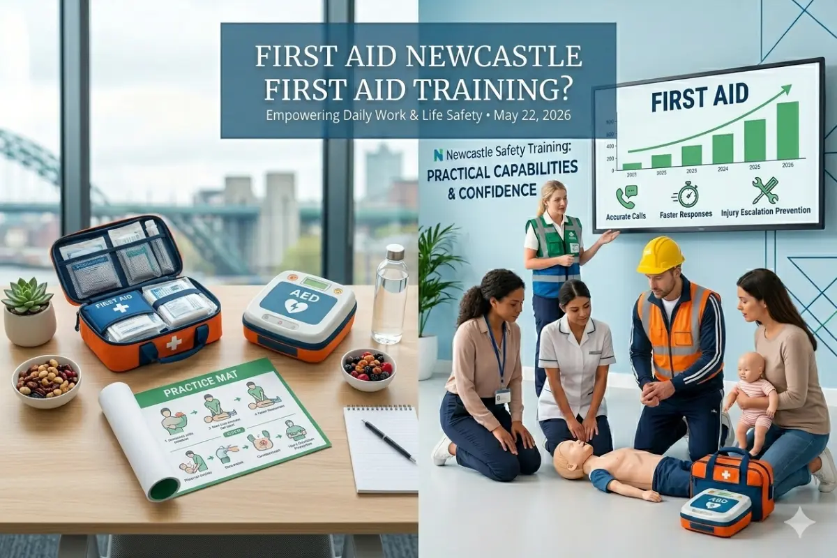A split-screen image showing a first aid kit and AED unit on a desk on the left, and a diverse group of individuals practicing CPR on a manikin during a training course on the right.