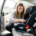 A woman carefully examines a rear-facing convertible car seat installed in a vehicle's back seat after a roadside incident.