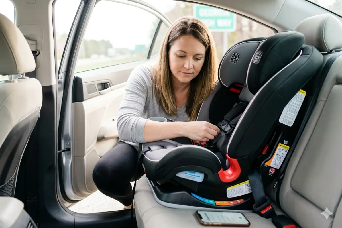 A woman carefully examines a rear-facing convertible car seat installed in a vehicle's back seat after a roadside incident.