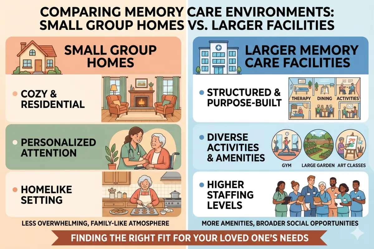An infographic comparing small group homes, described as 'Cozy & Residential,' 'Personalized Attention,' and 'Homelike,' against larger memory care facilities, highlighted for being 'Structured,' offering 'Diverse Activities & Amenities,' and having 'Higher Staffing Levels.'