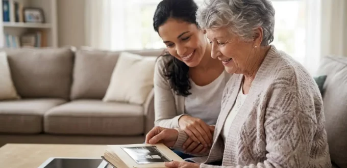 A senior woman and her daughter/caregiver look fondly at a photo album, representing personalized memory care and human connection.