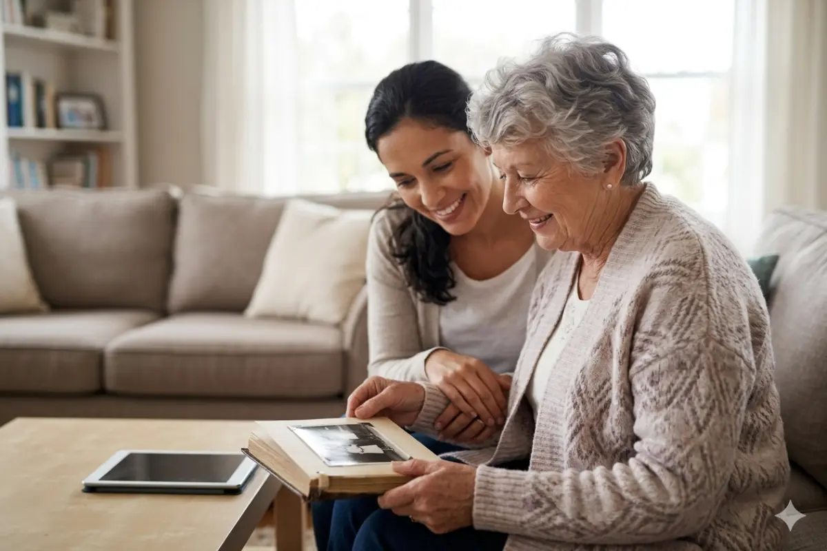 A senior woman and her daughter/caregiver look fondly at a photo album, representing personalized memory care and human connection.