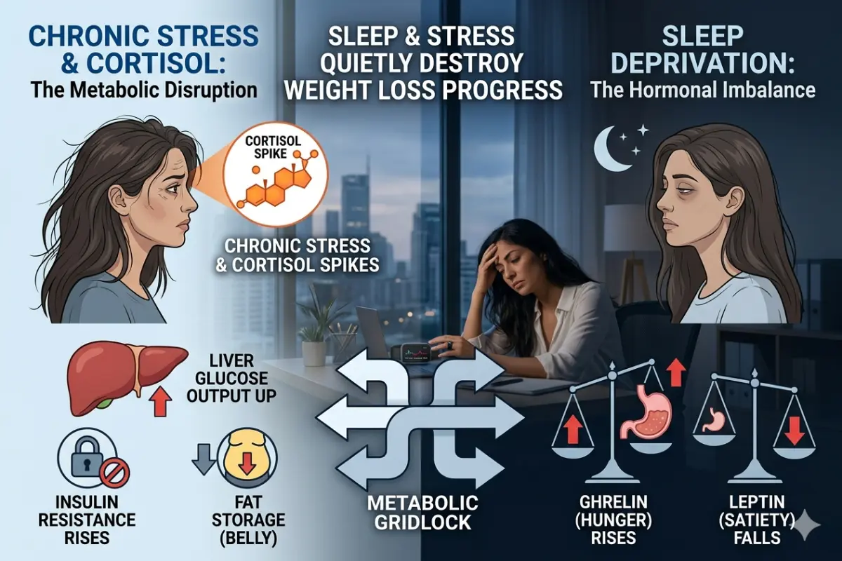 Infographic illustrating how sleep deprivation and chronic stress disrupt metabolic processes and hormonal balance, hindering weight loss progress.