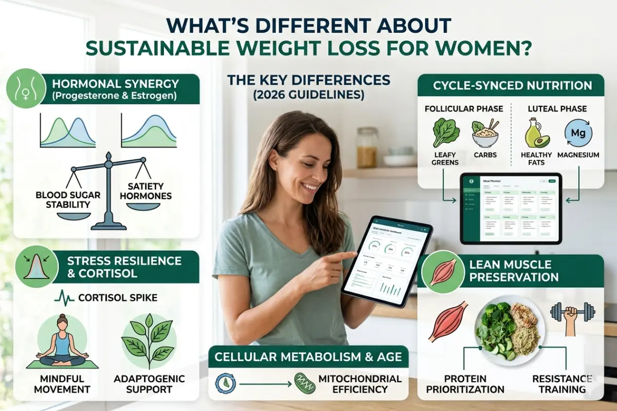 Infographic titled "What's Different About Sustainable Weight Loss for Women?" with key sections on Hormonal Synergy, Cycle-Synced Nutrition, Stress Resilience, Lean Muscle Preservation, and Cellular Metabolism, featuring a woman with a tablet.
