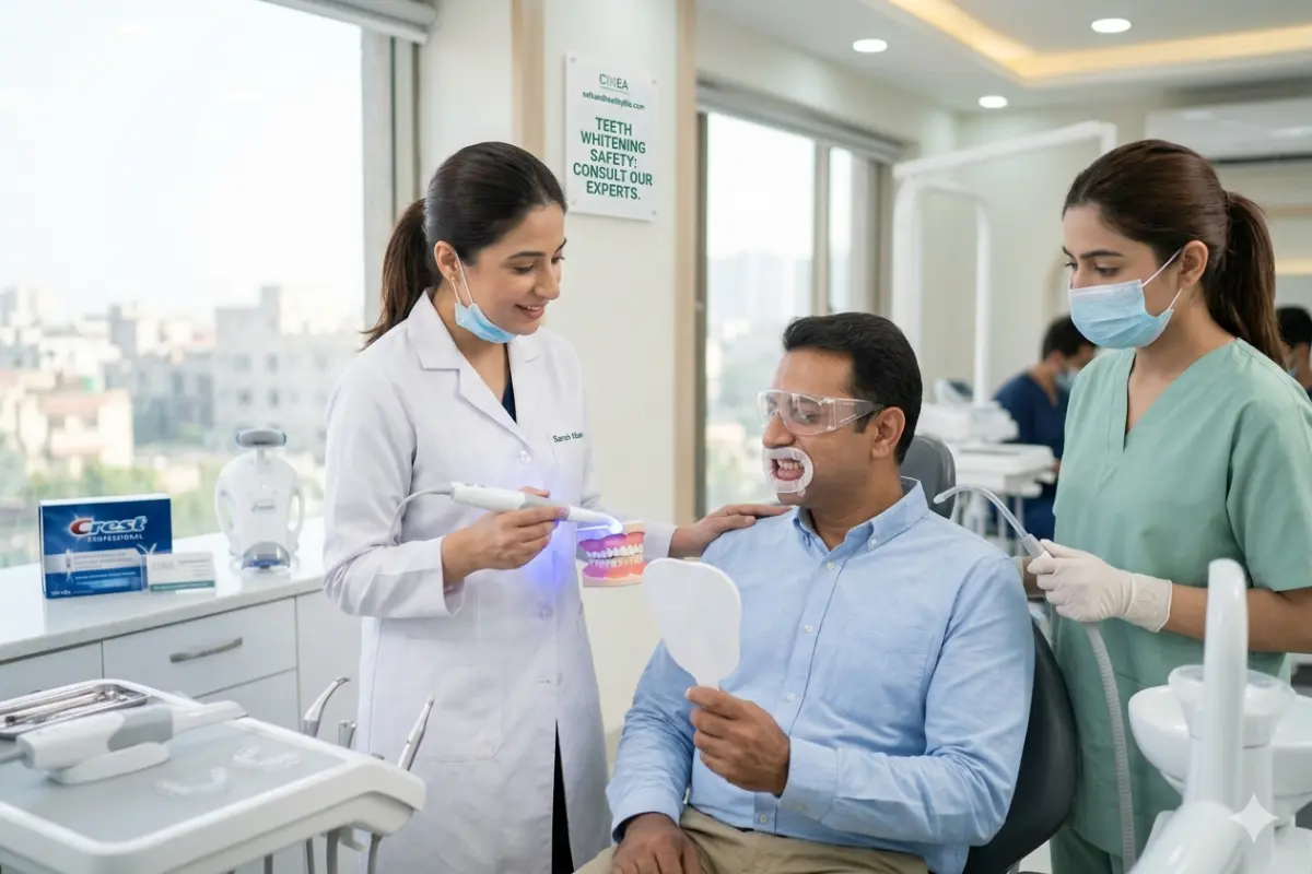 A consultative scene in a modern dental clinic where a dentist, wearing a mask, addresses the safety of professional laser teeth whitening for a seated male patient.