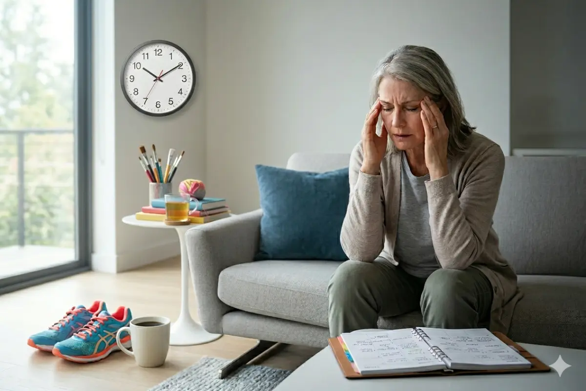 A mature woman with gray hair sits on a gray sofa, rubbing her temples with both hands in a state of stress or exhaustion. In the modern living room around her, elements like running shoes on the floor, an open planner on the coffee table, a mug of coffee, and a prominent wall clock hint at the pressure of keeping a demanding schedule.