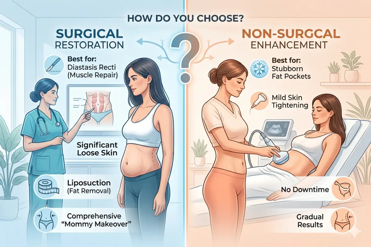 A modern comparison infographic helping women Choose Between Surgical and Non-Surgical Body Contouring after pregnancy. The chart highlights surgical options like muscle repair and mommy makeovers on the left, alongside non-invasive treatments like skin tightening on the right.
