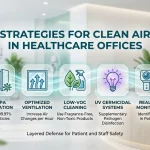 Clean Air Strategies for Healthcare and Medical Offices The image outlines a five-layered defense plan featuring HEPA filtration, optimized ventilation, low-VOC cleaning, UV germicidal systems, and real-time monitoring for patient and staff safety.