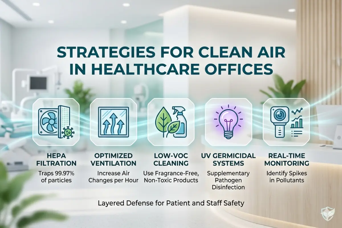 The image outlines a five-layered defense plan featuring HEPA filtration, optimized ventilation, low-VOC cleaning, UV germicidal systems, and real-time monitoring for patient and staff safety.