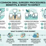 Common Oral Surgery Procedures, Their Benefits, And What to Expect Infographic outlining common oral surgery procedures (extractions, implants, wisdom teeth, and jaw surgery) along with their clinical benefits, paired with a visual step-by-step patient recovery journey from consultation to long-term healing.