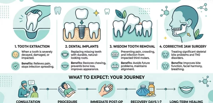 Infographic outlining common oral surgery procedures (extractions, implants, wisdom teeth, and jaw surgery) along with their clinical benefits, paired with a visual step-by-step patient recovery journey from consultation to long-term healing.
