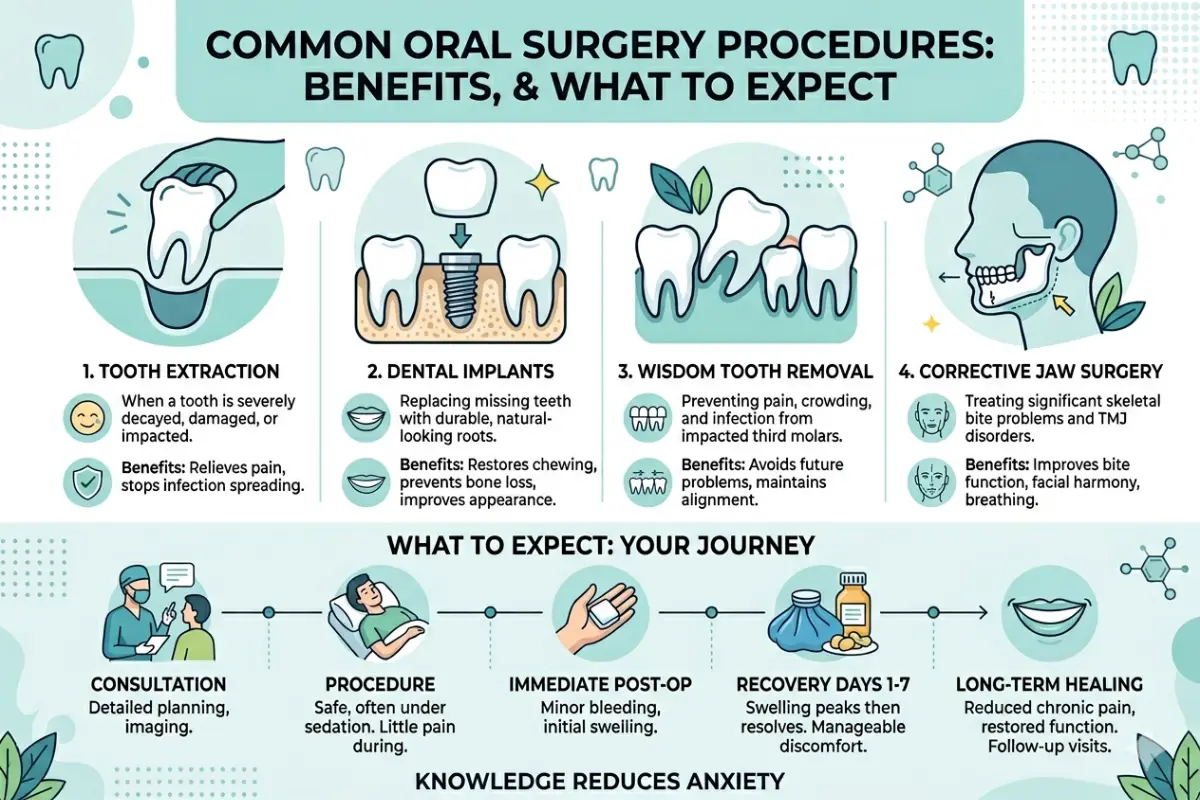 Infographic outlining common oral surgery procedures (extractions, implants, wisdom teeth, and jaw surgery) along with their clinical benefits, paired with a visual step-by-step patient recovery journey from consultation to long-term healing.