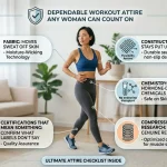 Dependable Workout Attire Any Woman Can Count On (The Complete Guide) An educational activewear infographic highlighting essential Workout Attire for Woman. The graphic showcases a woman walking in a sports bra and leggings alongside detailed breakdown labels for fabric moisture-wicking technology, construction durability, garment safety chemistry, and compression recovery research.