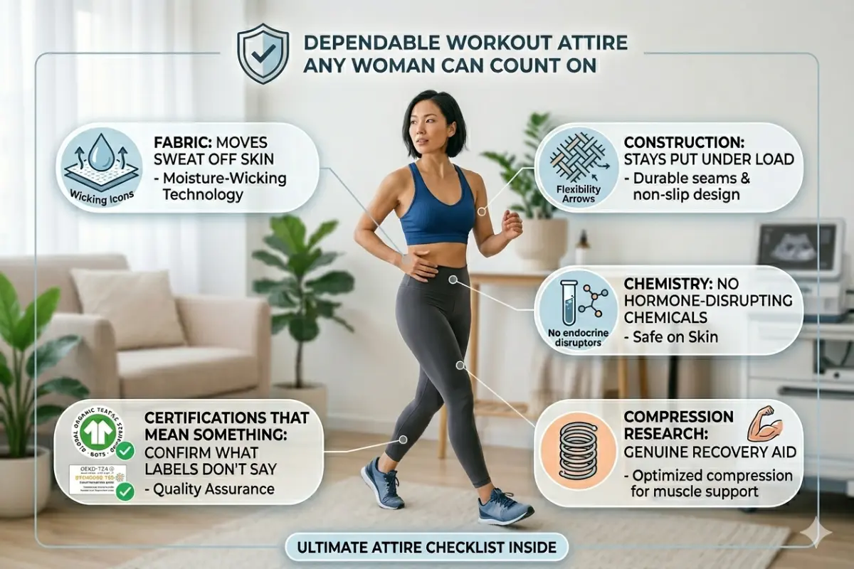 An educational activewear infographic highlighting essential Workout Attire for Woman. The graphic showcases a woman walking in a sports bra and leggings alongside detailed breakdown labels for fabric moisture-wicking technology, construction durability, garment safety chemistry, and compression recovery research.