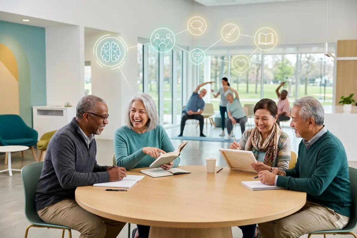 A group of seniors laughing and talking around a table during a book club and art workshop, with subtle cognitive health icons floating above them to show how group activities improve cognitive health.