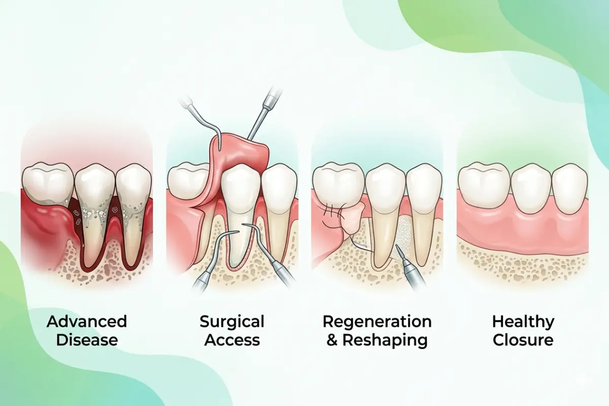 Showing the stages of gum surgery for advanced periodontal disease: from the initial infected pockets, to surgical flap access for deep root cleaning, followed by bone grafting and reshaping, and concluding with healthy, sutured gum tissue closure.