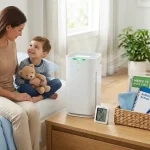 A mother and young son sitting on a bed in a bright, clean bedroom, looking smilingly at each other next to a bedside table featuring a white air purifier, a digital humidity monitor, and a basket with asthma management supplies.