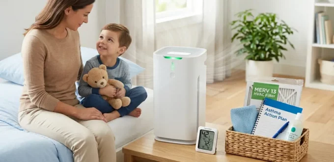 A mother and young son sitting on a bed in a bright, clean bedroom, looking smilingly at each other next to a bedside table featuring a white air purifier, a digital humidity monitor, and a basket with asthma management supplies.
