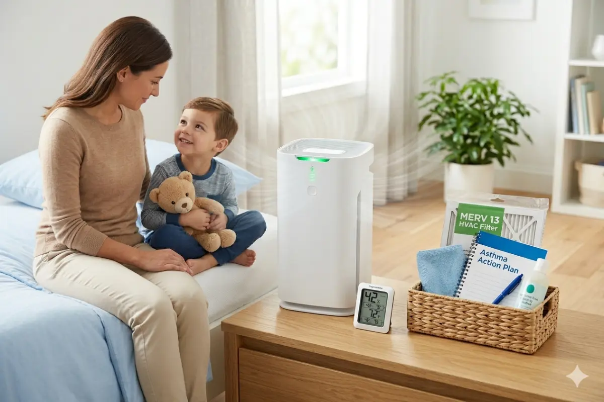 A mother and young son sitting on a bed in a bright, clean bedroom, looking smilingly at each other next to a bedside table featuring a white air purifier, a digital humidity monitor, and a basket with asthma management supplies.