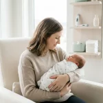 A four-panel clean layout showing a sleeping newborn, a pediatrician checking a baby alongside the mother, and a modern countertop with a safe glass baby bottle warmer and a stainless steel bottle.