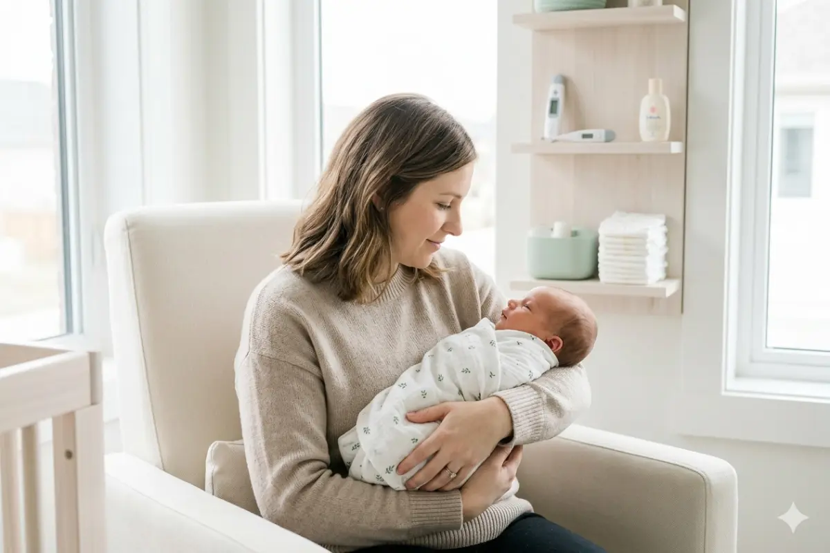 A four-panel clean layout showing a sleeping newborn, a pediatrician checking a baby alongside the mother, and a modern countertop with a safe glass baby bottle warmer and a stainless steel bottle.