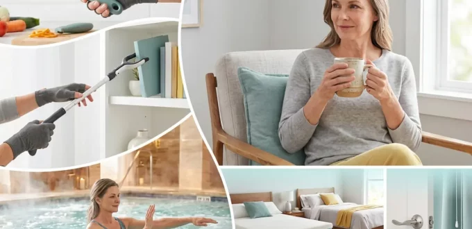 A calm and brightly lit home environment showing a person comfortably holding a warm ceramic mug with both hands, highlighting joint protection and ergonomic comfort. This clean, modern lifestyle image beautifully illustrates practical tips on how to make daily life easier with arthritis.