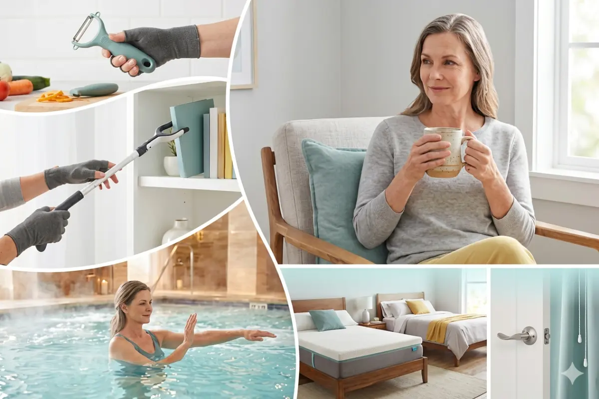 A calm and brightly lit home environment showing a person comfortably holding a warm ceramic mug with both hands, highlighting joint protection and ergonomic comfort. This clean, modern lifestyle image beautifully illustrates practical tips on how to make daily life easier with arthritis.