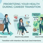How to Prioritize Your Health When Transitioning Away From a Demanding Career Prioritizing Your Health: Transitioning From a Demanding Career." It features four columns with illustrative icons mapping out steps for wellness: understanding the body's adjustment, mental well-being and identity, cultivating new habits intentionally, and designing a healthy path forward.