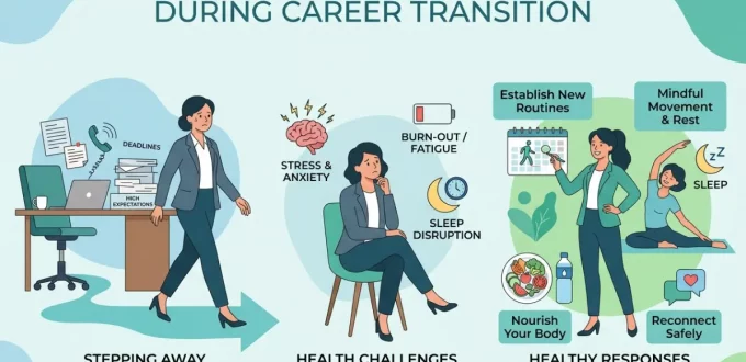 Prioritizing Your Health: Transitioning From a Demanding Career." It features four columns with illustrative icons mapping out steps for wellness: understanding the body's adjustment, mental well-being and identity, cultivating new habits intentionally, and designing a healthy path forward.