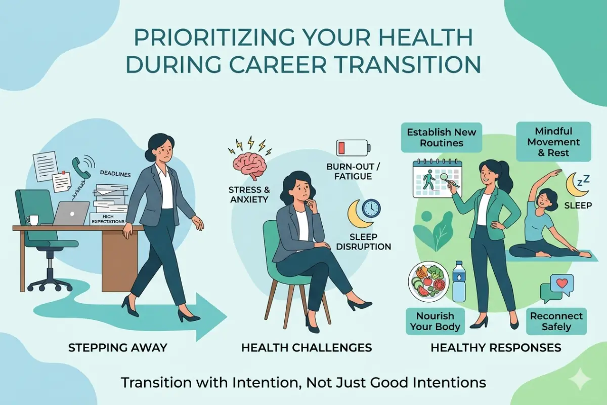 Prioritizing Your Health: Transitioning From a Demanding Career." It features four columns with illustrative icons mapping out steps for wellness: understanding the body's adjustment, mental well-being and identity, cultivating new habits intentionally, and designing a healthy path forward.
