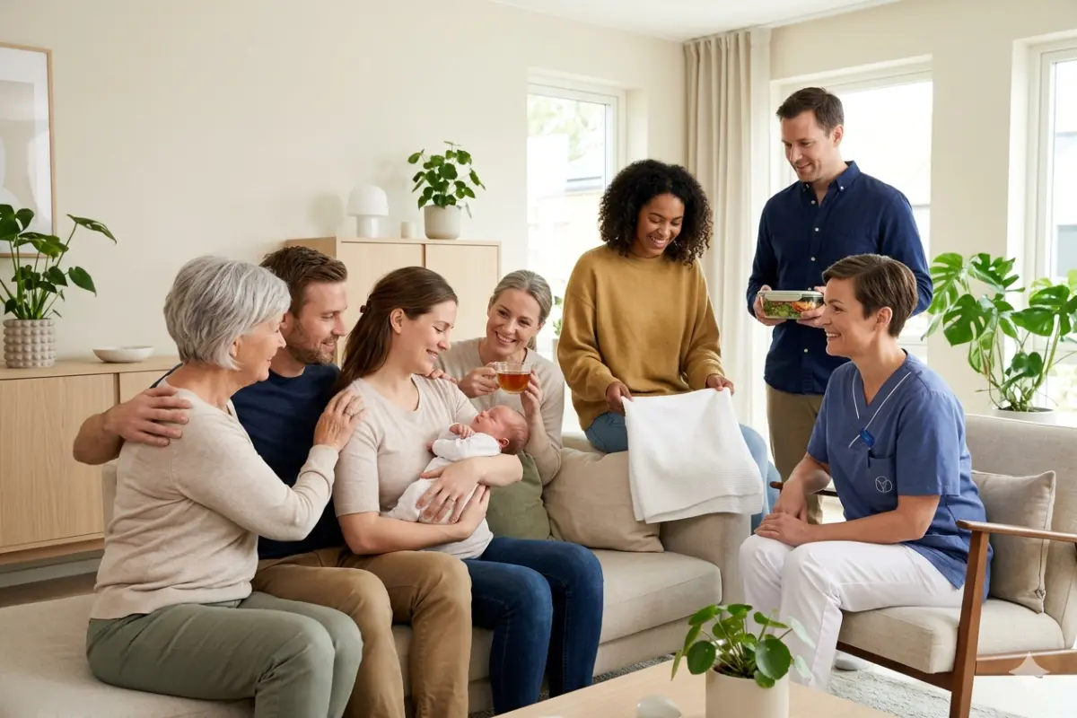 A supportive postpartum gathering in a bright, modern living room where a mother cradles her newborn surrounded by family members, friends helping with chores, and a visiting nurse in blue scrubs.