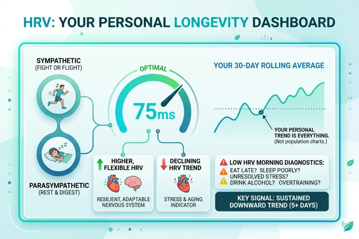 "HRV: Your Personal Longevity Dashboard" that maps autonomic nervous system balance to a central optimal gauge. The layout contrasts a flexible HRV against a declining trend line, using a 30-day rolling average graph to emphasize personal tracking over population benchmarks. Diagnostic prompts and a 5+ day downward trend warning highlight key recovery indicators.