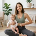 Postpartum Body Restoration: An Expert Guide to Regaining Your Appearance A happy mother in workout clothes holds her baby while massaging her abdomen for Postpartum Body Restoration. She sits in a modern, bright living room on a yoga rug.