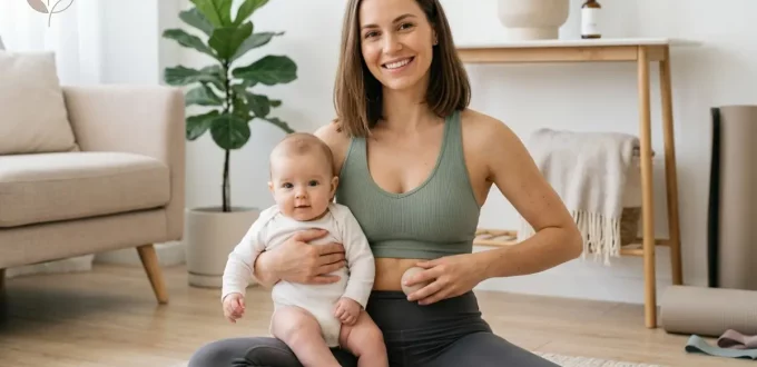 A happy mother in workout clothes holds her baby while massaging her abdomen for Postpartum Body Restoration. She sits in a modern, bright living room on a yoga rug.