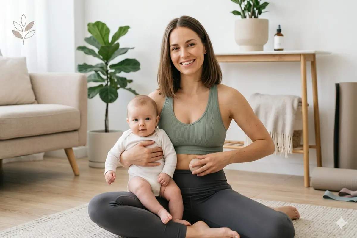 A happy mother in workout clothes holds her baby while massaging her abdomen for Postpartum Body Restoration. She sits in a modern, bright living room on a yoga rug.