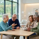 A diverse group of smiling older adults engaged in lively conversation at a table, with a subtle glowing neural network graphic above them illustrating how consistent social interaction protects your brain as you age.