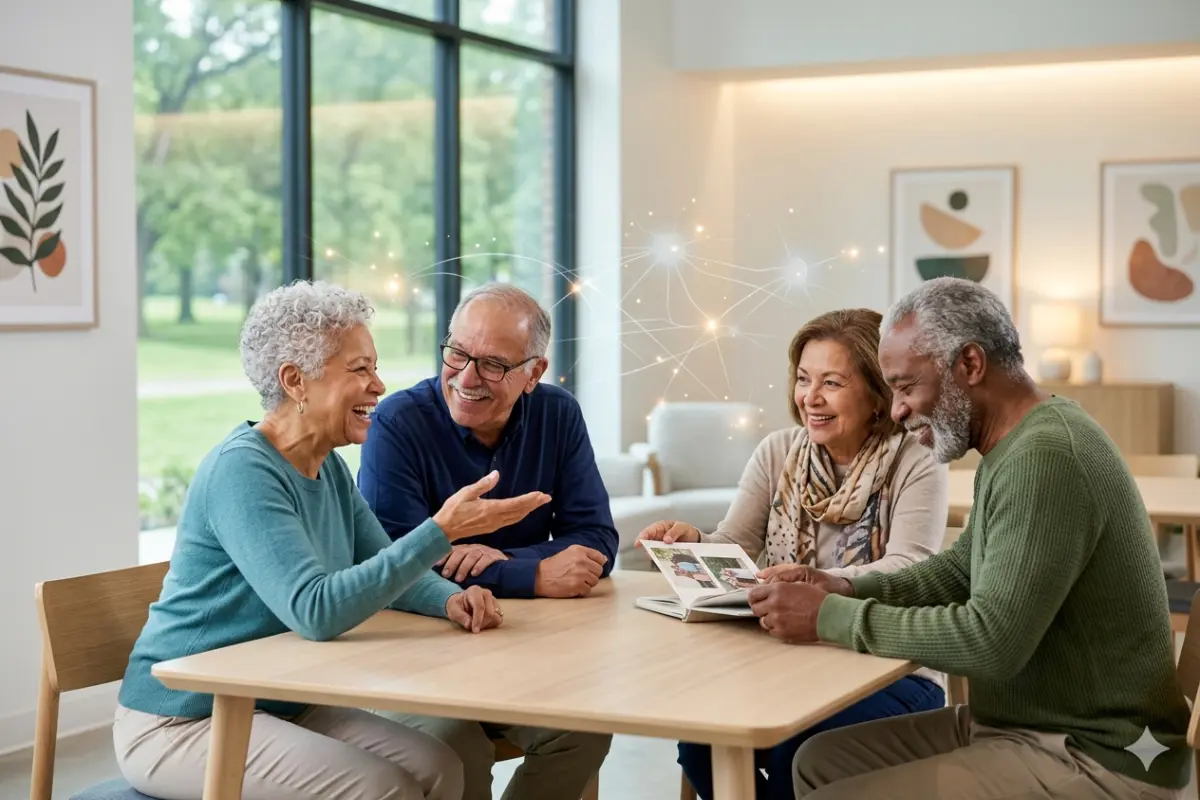 A diverse group of smiling older adults engaged in lively conversation at a table, with a subtle glowing neural network graphic above them illustrating how consistent social interaction protects your brain as you age.
