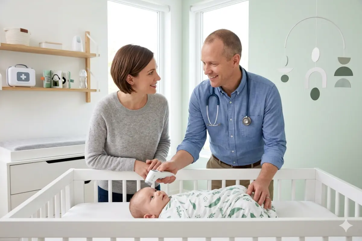 A male pediatrician using a digital thermometer to check a swaddled infant's temperature in a white crib while the mother watches in a bright, modern nursery.