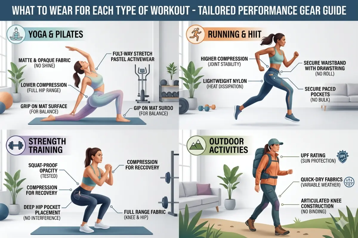 A four-quadrant infographic guide on **What to Wear for Each Type of Workout**. It breaks down performance gear requirements, showing a woman doing yoga (matte fabric), running (high compression), squatting (squat-proof opacity), and hiking (UPF sun protection).