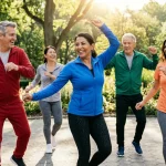 The New Currency of Longevity: Why Energy Is the Ultimate Marker of Aging Well `A group of active, happy middle-aged adults exercising together in a sunny park, illustrating why energy is the ultimate marker of aging well.`