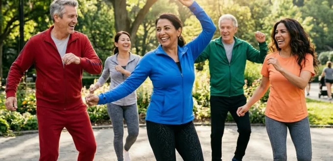 `A group of active, happy middle-aged adults exercising together in a sunny park, illustrating why energy is the ultimate marker of aging well.`